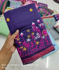 Golden Border Floral Embroidered Saree - Purple