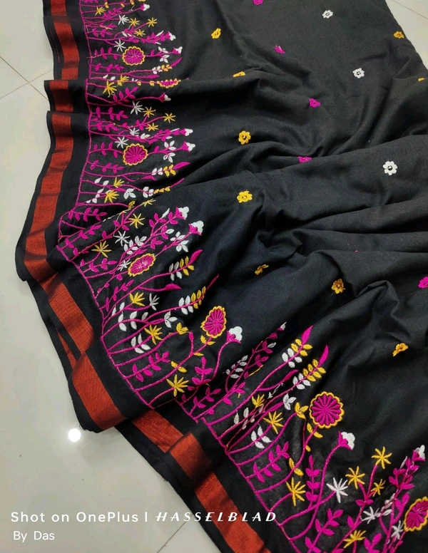 Golden Border Floral Embroidered Saree - Black