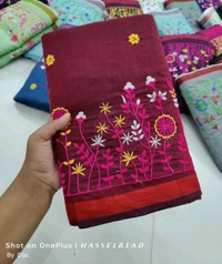 Golden Border Floral Embroidered Saree - Red