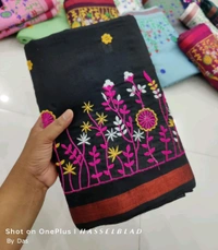 Golden Border Floral Embroidered Saree - Black