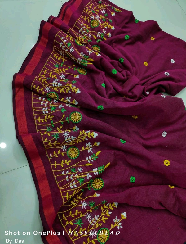 Golden Border Floral Embroidered Saree - Maroon