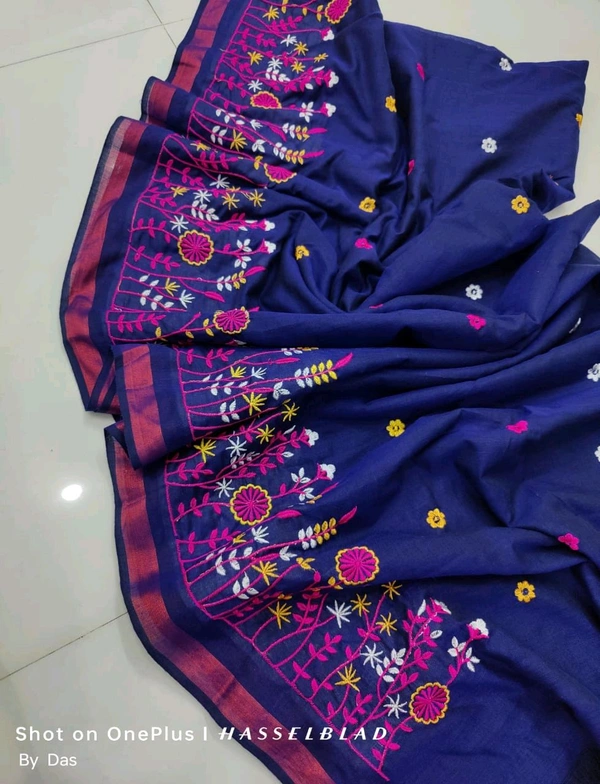 Golden Border Floral Embroidered Saree - Royal Blue