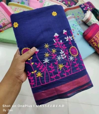 Golden Border Floral Embroidered Saree - Royal Blue