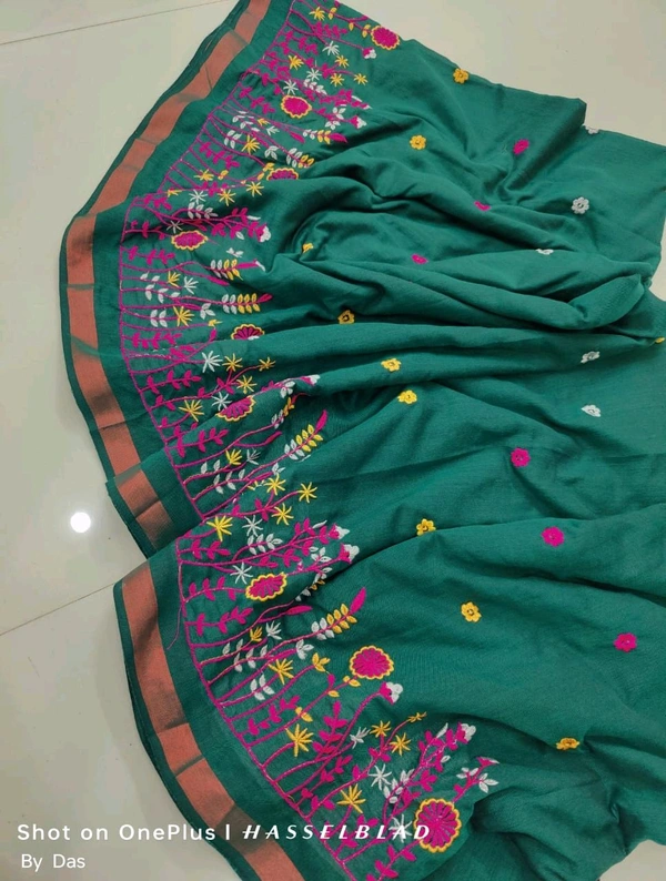 Golden Border Floral Embroidered Saree - Green