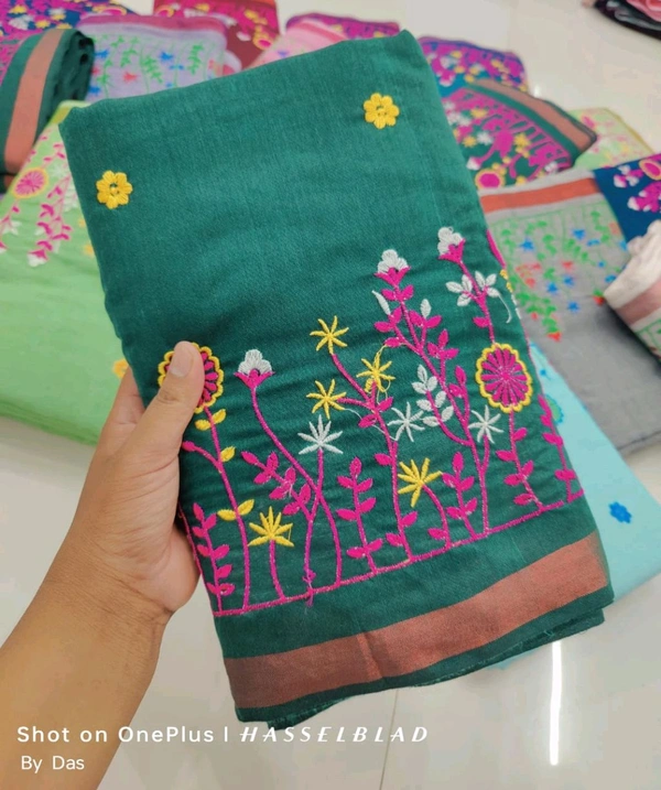 Golden Border Floral Embroidered Saree - Green
