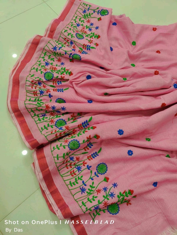Golden Border Floral Embroidered Saree - Peach