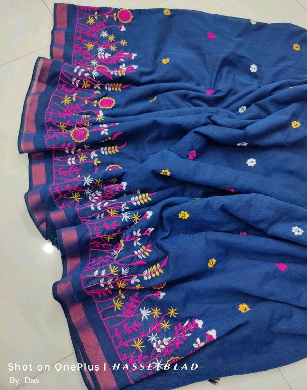 Golden Border Floral Embroidered Saree - Cornflower Blue