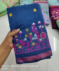 Golden Border Floral Embroidered Saree - Cornflower Blue