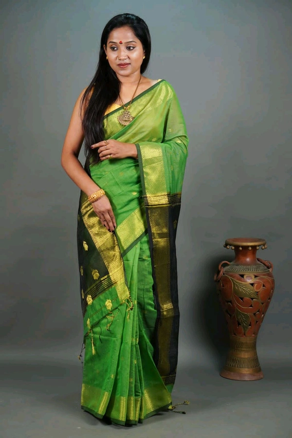 Cotton Silk Maheswari Saree - Green & Black