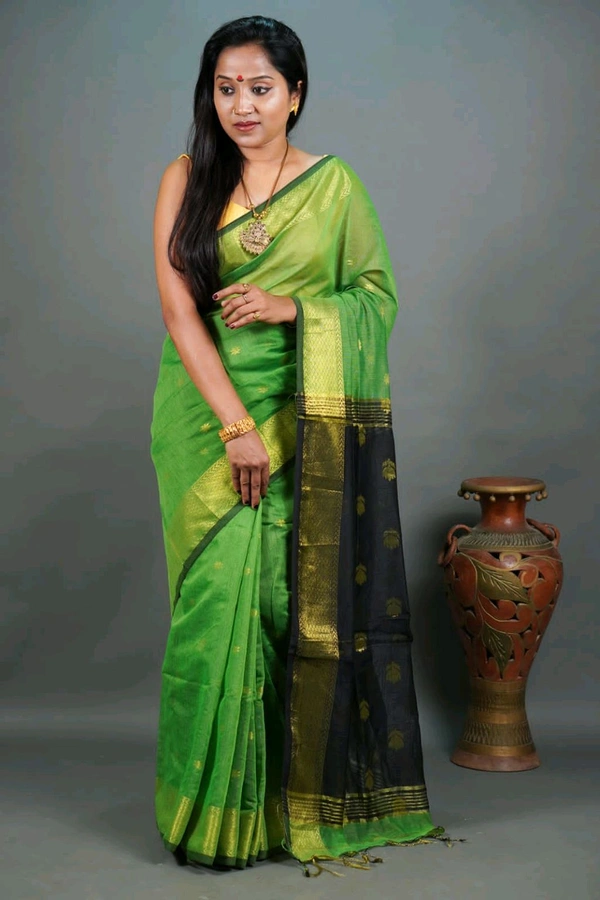 Cotton Silk Maheswari Saree - Green & Black
