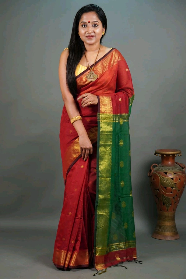 Cotton Silk Maheswari Saree - Red & Green
