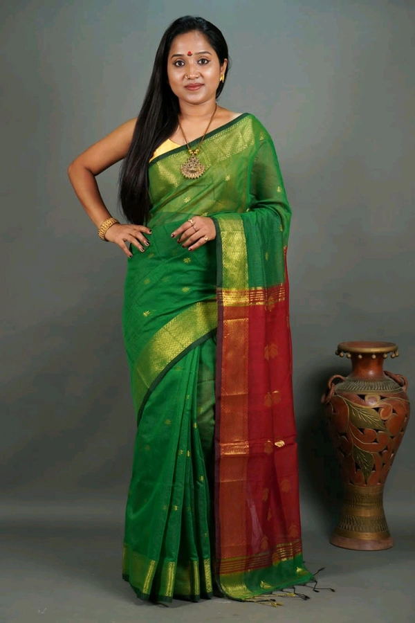 Cotton Silk Maheswari Saree - Green & Red