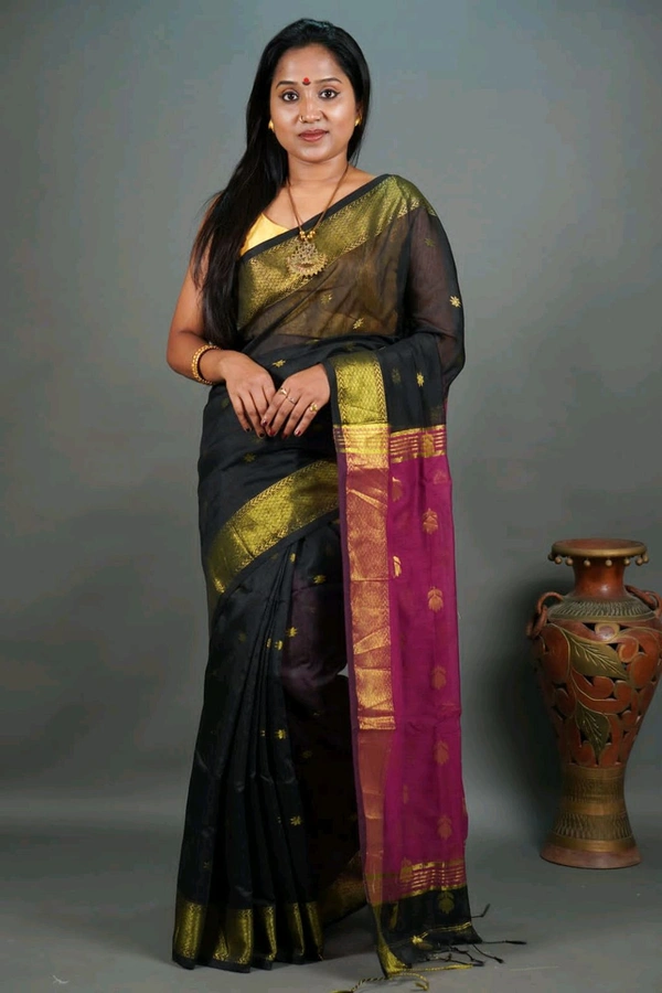 Cotton Silk Maheswari Saree - Black & Purple