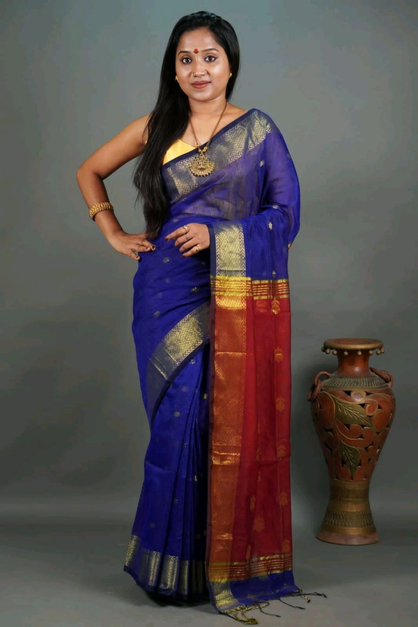 Cotton Silk Maheswari Saree - Blue & Red