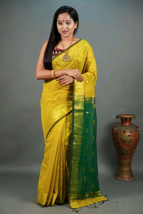 Cotton Silk Maheswari Saree - Yellow & Green