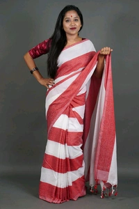 All Over Floral Woven Cotton Saree  - White & Red