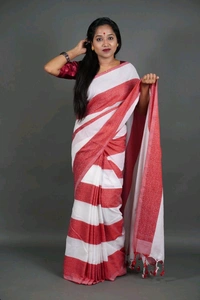 All Over Floral Woven Cotton Saree  - White & Red