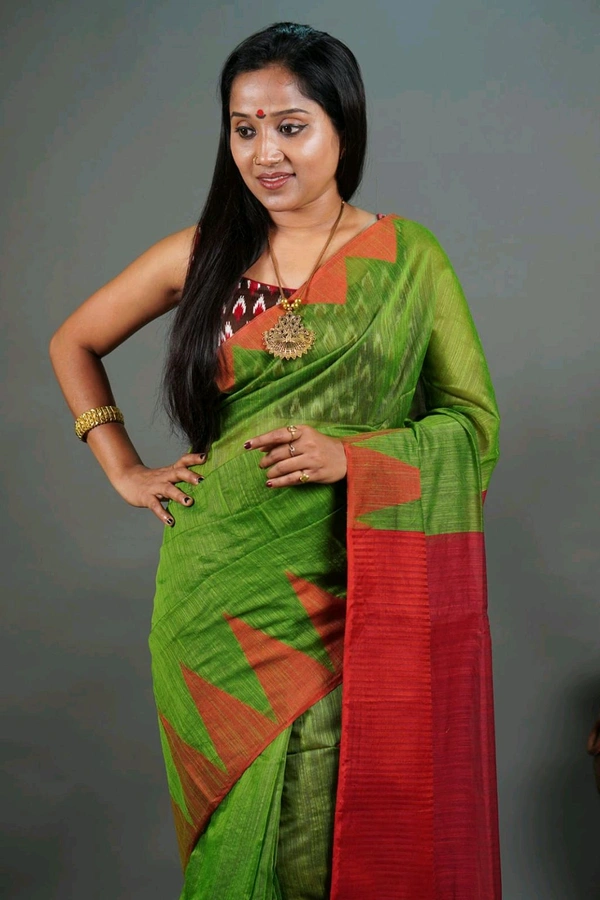 Temple Border Slab Cotton Silk Saree - Green