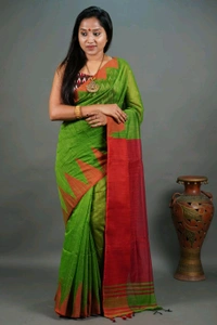 Temple Border Slab Cotton Silk Saree - Green