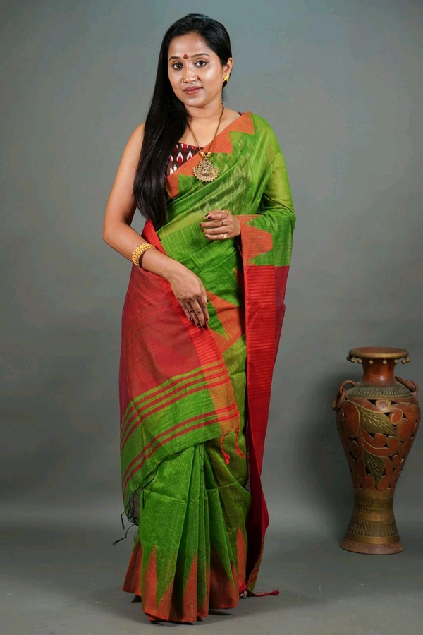 Temple Border Slab Cotton Silk Saree - Green