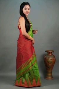 Temple Border Slab Cotton Silk Saree - Green
