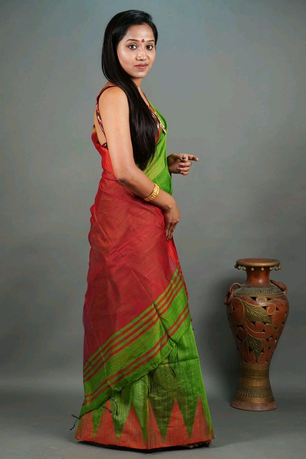 Temple Border Slab Cotton Silk Saree - Green