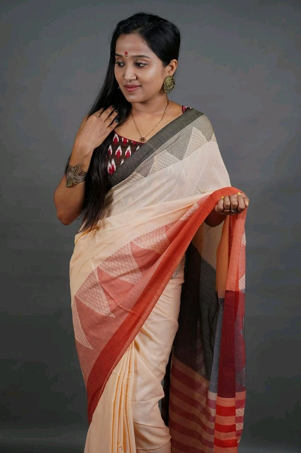 Temple Border Cotton Saree - Cream