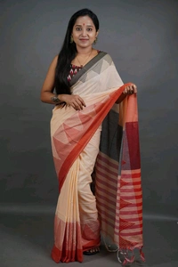 Temple Border Cotton Saree - Cream