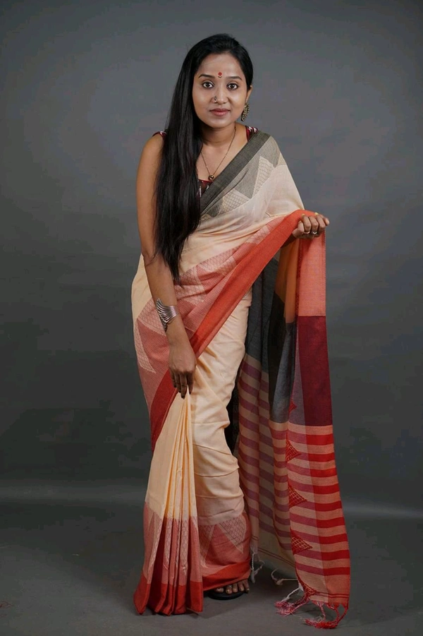 Temple Border Cotton Saree - Cream