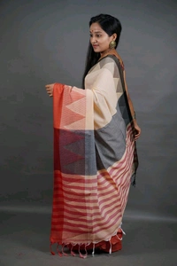 Temple Border Cotton Saree - Cream