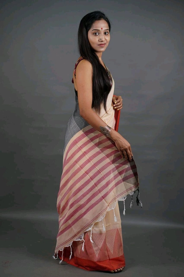 Temple Border Cotton Saree - Cream