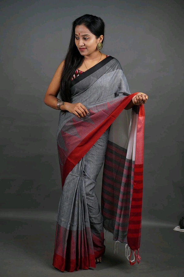Temple Border Cotton Saree - Gray