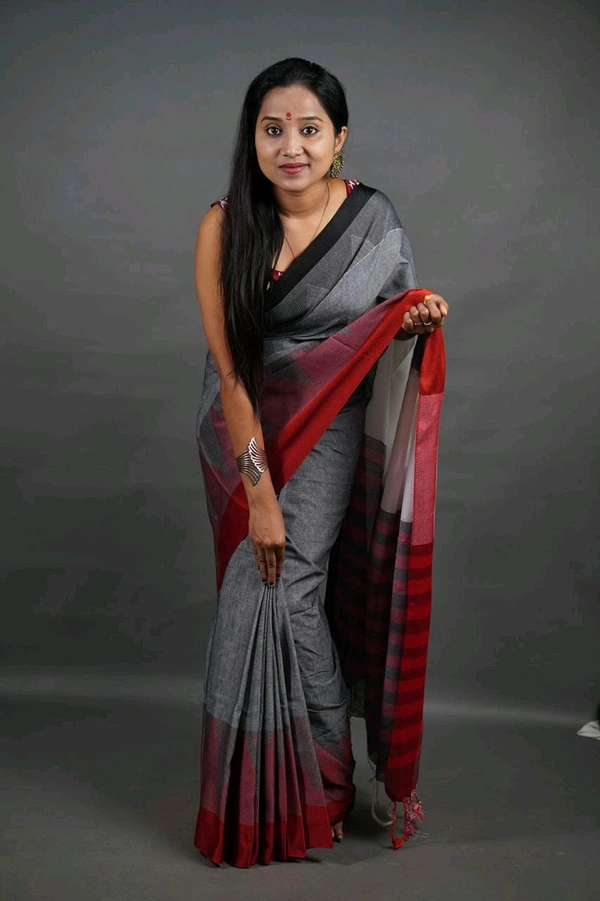 Temple Border Cotton Saree - Gray