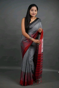 Temple Border Cotton Saree - Gray