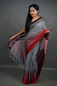 Temple Border Cotton Saree - Gray