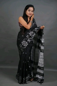 Floral Border Cotton Saree - Black