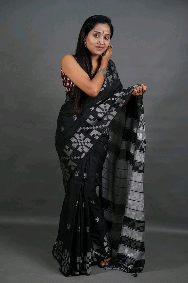 Floral Border Cotton Saree - Black