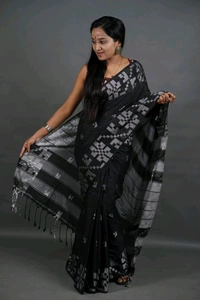 Floral Border Cotton Saree - Black