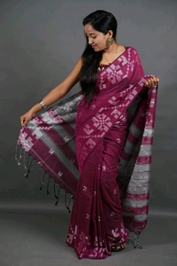 Floral Border Cotton Saree - Purple