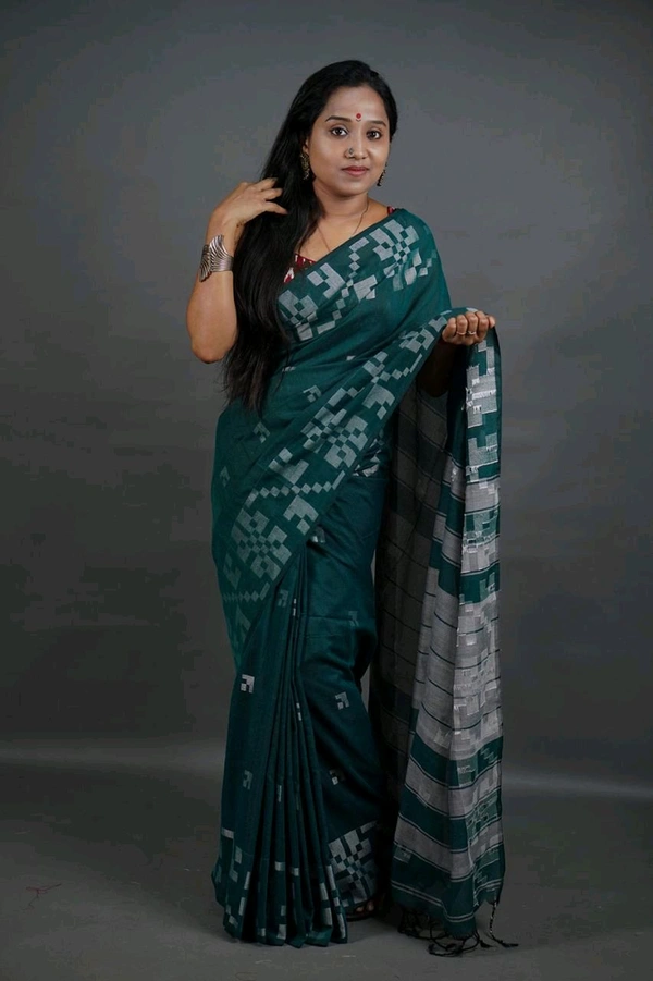 Floral Border Cotton Saree - Dark Green