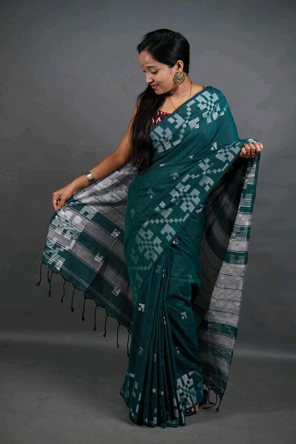 Floral Border Cotton Saree - Dark Green