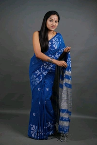 Floral Border Cotton Saree - Blue