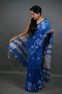 Floral Border Cotton Saree - Blue