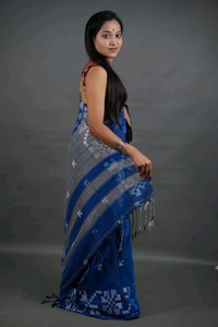Floral Border Cotton Saree - Blue