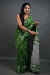 Floral Border Cotton Saree - Green