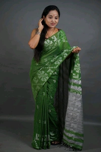 Floral Border Cotton Saree - Green