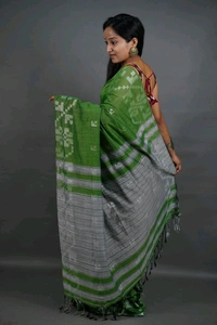 Floral Border Cotton Saree - Green