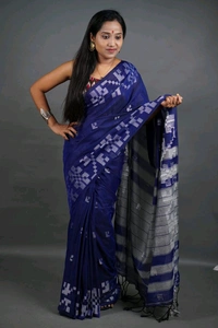 Floral Border Cotton Saree - Royal Blue