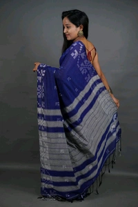 Floral Border Cotton Saree - Royal Blue