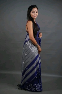 Floral Border Cotton Saree - Royal Blue